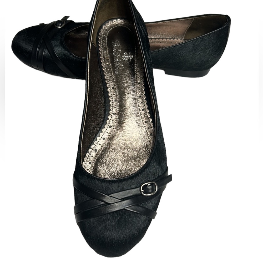 Brookes Brothers black leather flats with fur trim exterior and tiny belt decor